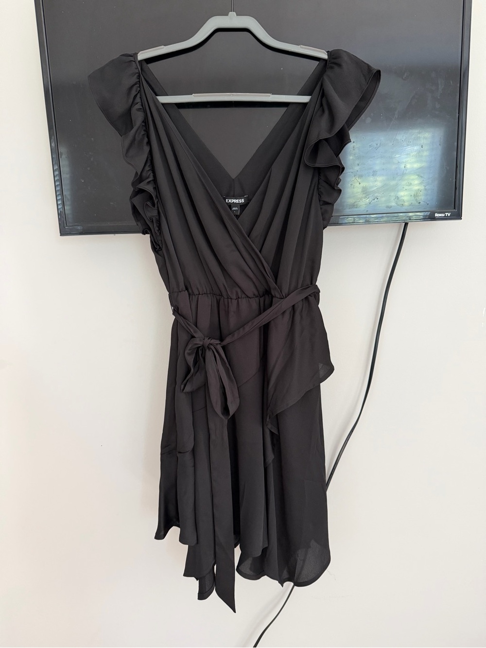 Express Black Asymmetrical Ruffle Wrap Dress with Tie Waist